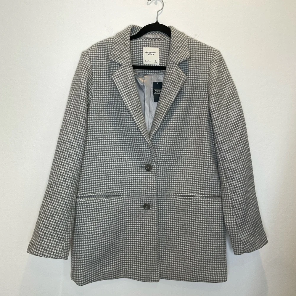 NWT Abercrombie & Fitch Wool Blend Houndstooth Tailored Top Coat in Grey Medium
